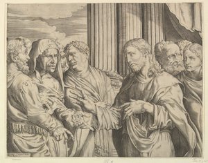 O dinheiro triubuto: Cristo no centro, à direita, gesticulando para o homem à sua esquerda com moedas ..., ca. 1564-89. de Domenico Campagnola
