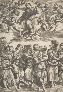 A Virgem no centro superior em nuvens com as mãos entrelaçadas e pé direito levantado, cercada por..., 1517. de Domenico Campagnola