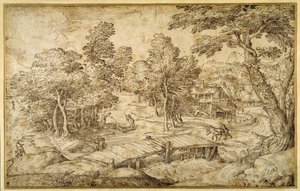 Paisagem arborizada, com uma roça e uma ponte de madeira sobre uma comporta (caneta e tinta castanha sobre papel) de Domenico Campagnola