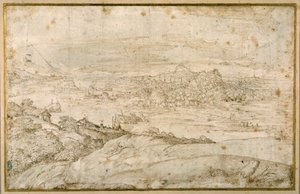 Paisagem arborizada com um rio sinuoso; ao longe uma cidade, uma mistura de pináculos e cúpulas com ruínas antigas (caneta e tinta marrom sobre papel branco) de Domenico Campagnola