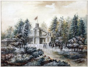 Pavillon de chasse Crack, uma casa de Pavlovsk - Krak em Pavlovsk - Domenico Felice Lamoni (1745-1830). Aquarela e cor branca sobre papel, depois de 1778. Museu Estadual de História de São Petersburgo