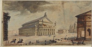 O Teatro São Petersburgo Imperial Bolshoi Kamenny - Domenico Felice Lamoni (1745-1830). Aquarela e cor branca sobre papel, antes de 1783. Museu Estadual de História de São Petersburgo