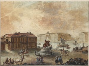A estátua equestre de Pedro o Grande na Praça do Senado (place de Senat, place des decembristes ou place de Pierre) - Domenico Felice Lamoni (1745-1830). Aquarela e cor branca sobre papel, depois de 1782. Museu Estadual de História de São Petersburgo