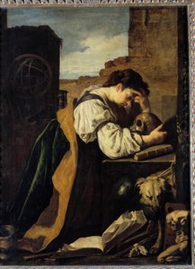 Melancolia Uma jovem triste mulher se dobra sobre a cabeça de um crânio, uma esfera armilar atrás dela. Pintura (Vanity) de Domenico Feti (1589-1624) Sol. 1,71x1,28 m. de Domenico Feti