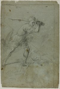 David Decapitando Golias (reto); Esboço da figura feminina drapeada com o braço direito levantado acima da cabeça (verso)