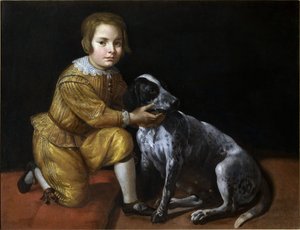 Retrato de um menino com um cachorro.