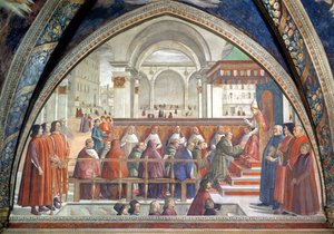 São Francisco recebendo a Regra da Ordem do Papa Honório, cena de um ciclo da Vida de São Francisco de Assis, 1486 (ver também 52660 e 176888) de Domenico Ghirlandaio