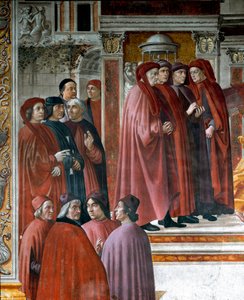O anúncio feito em Zacchariah (Zaccharia) Abaixo à esquerda estão pensadores e intelectuais Marsile Ficin (Ficino), Cristoforo Landino, Angelo Poliziano e Demetrios Chalkondyles (Calcondila). Detalhe. Fresco por Domenico di Tommaso Bigordi dit Ghirlandaio  de Domenico Ghirlandaio
