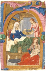O nascimento da Virgem em uma inicial H de Domenico Ghirlandaio