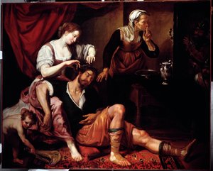 Sansão e Dalila (Sansão e Dalila) Pintura de Domenico Fiasella dit il Sarzana (1589-1669) Genes do século XVII, Musei di Strada Nuova (ex Palazzo Bianco)