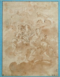 Júpiter confia Bacchus a Mercure Drawing com lavagem castanha e sangue de Domenico Canuti (1620-1684) Paris. Museu do Louvre