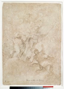 Júpiter confia Bacchus a Mercure Drawing com lavagem castanha e sangue de Domenico Canuti (1620-1684) Paris. Museu do Louvre