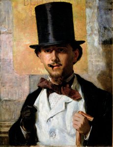 Retrato do pintor italiano Bernardo Celentano (1835-1863) Elegante homem de cartola e terno, laço, bengala e luva. Pintura de Domenico Morelli (1826-1901) 1859 Sol. 67x52 cm Roma, Galleria Nazionale d