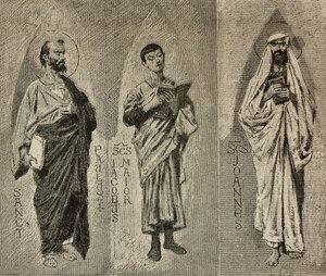 Pinta Paulo, Tiago o Grande e João, desenhos de Domenico Morelli para o mosaico da Catedral de Amalfi, Itália, desenho de P Scoppetta, gravura de L