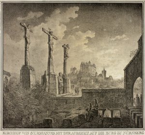 Cemitério de São João com vista para a cidade de Nuremberga, da Coleção de Edifícios Medievais Memoráveis na Alemanha de Domenico Quaglio