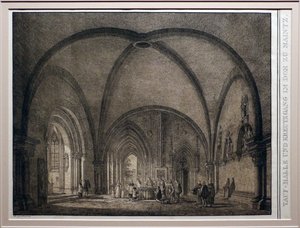 Domenico quaglio II, pia batismal e claustro da catedral de Mainz, da coleção de edifícios medievais memoráveis na Alemanha, 1823, litografia de Domenico Quaglio the Younger