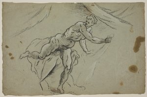 Mulher nua com um pedaço de pano nas mãos saindo às pressas de uma barraca de Domenico Tintoretto