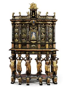 Gabinete de suporte Luís XIV (bronze dourado, pietra dura, carapaça de tartaruga, cinza, ebonizado e dourado parcial) (ver também 1766356-7) de Domenico and Gobelins workshop (attr. to) Cucci
