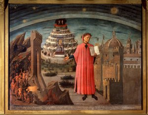 Dante Alighieri e sua comédia. Retrato do inquilino Dante na principal comédia divina de Domenico di Michelino