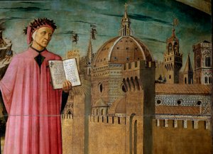 Dante Alighieri apresenta a sua obra a Divina Comédia. Detalhe do poeta e da cúpula de Santa Maria del Fiore, Florença