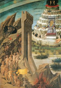 Números dos condenados, detalhes de Dante Holding Divine Comedy, fresco de Domenico di Michelino (1417-1491), Catedral de Santa Maria del Fiore, Florença, Itália
