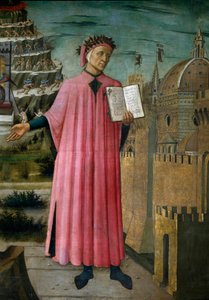 O poeta italiano Dante Alighieri (1265-1321) apresenta sua obra La divine comedie" (A Divina Comédia)". Detalhe. Fresco por Domenico di Michelino (1417-1491), Cathedrale Santa Maria del Fiore, Florença. (Duomo, Florença) Itália