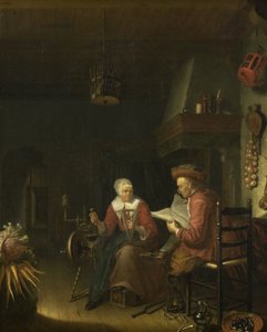 Interior com um homem a ler e uma mulher a fiar fios de Domenicus van Tol