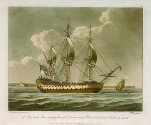 Um navio de linha a navegar a partir de Downs com vista para o Castelo de Sandown em Deal de Dominic Serres