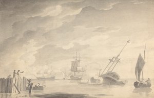 Cena de Batalha, Três Navios de Batalha, Um Afundamento; Números à Esquerda em Rowboat e Cais de Pé de Dominic Serres