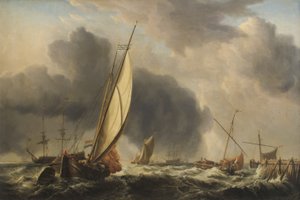 Barcos de pesca e homem o Guerra em uma brisa na foz de um rio, 1771
