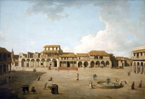 Praça de Havana (Cuba), agosto e setembro de 1762, sob ocupação britânica com uma tropa de soldados de uniforme vermelho, descrição dos edifícios e alguns marinheiros ingleses junto à fonte de Dominic Serres