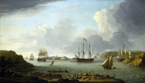 Regresso de uma frota a Plymouth (Inglaterra), descrição da cidade e da baía, incluindo a ilha Drake e a montanha Edgcumbe. Óleo sobre tela de Dominic Serres