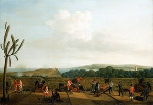 Guerra dos Sete Anos (1756-1763): A tomada de Havana (Cuba) em 1762, a bateria de canhões britânicos em frente ao Castelo do Morro, instalada numa plataforma de madeira (plataforma), com um parapeito de proteção, os artilheiros estão vestidos de azul, no h de Dominic Serres