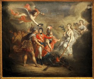 A paz de Amiens. Traite assinou em 25 de março de 1802 entre o Reino Unido e seus aliados o Império Otomano, por um lado, e a França, Espanha e Holanda, por outro. O quadro retrata Napoleão I Bonaparte, coroado por um anjo tocando a trombeta.