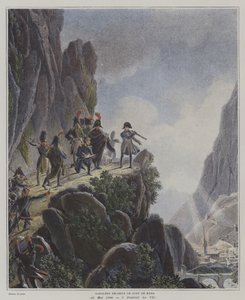 Napoleão examinando Fort Bard, Itália, 23 de Maio de 1800 (cor litho) de Dominique Vivant (after) Denon