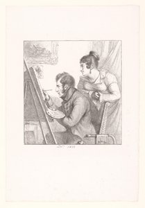 Auto-retrato do artista em acção com a mulher a olhar