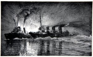 HMS Broke atacando o Destruidor Alemão, ilustração de &39;The Naval Front&39; de Gordon S. Maxwell, 1920