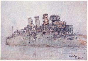HMS Vindictive, 25 de abril de 1918, ilustração de "The Naval Front" por Gordon S. Maxwell, 1920