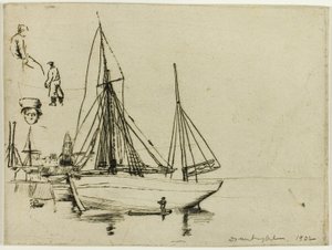 Esboço de barcos de pesca e marinheiros de Donald Shaw MacLaughlan