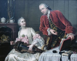 Retrato de Monsieur e Madame de Corcelles tocando música em um interior