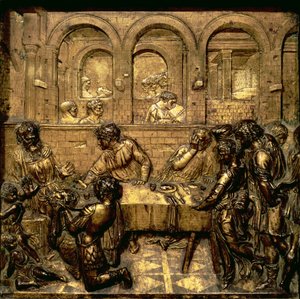 Festa de Herodes, de uma série de relevos que ilustram a vida de João Batista na pia batismal hexagonal do Batistério, 1417-30 (bronze dourado)