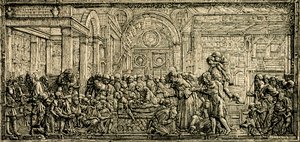 Milagre do coração do homem avarento, altar de Santo António, relevo em bronze de Donatello, basílica de Santo António de Pádua, Pádua, Veneto, Itália, xilogravura de Le cento citta d