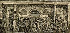 Milagre do recém-nascido que fala, altar de Santo António, relevo em bronze de Donatello, basílica de Santo António de Pádua, Pádua, Veneto, Itália, xilogravura de Le cento citta d