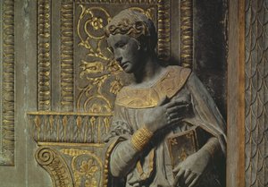 A Anunciação de Cavalcanti: detalhe da Virgem por Donatello 1386-1466 c.1435 calcário dourado de Donatello