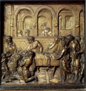 O banquete de Herodes Antipas II (21 BC-39 AD). Detalhe do relevo inferior da fonte batismal realizado por Donato di Niccolo di Betto Bardi dit Donatello (1386-1466)