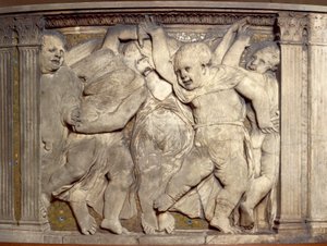 Telha com putti dançante, de Donatello (ca 1386-1466), relevo de mármore, Púlpito da Catedral de Prato, Toscana de Donatello