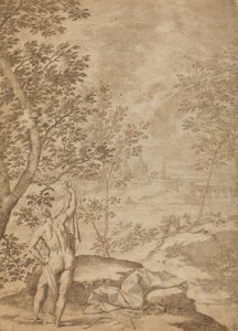 Apollo de pé em uma paisagem fluvial de Donato Creti