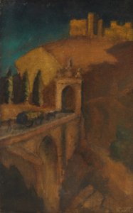 Paisagem montanhosa com ponte (verso), c.1910 (óleo sobre tela) de Dora (attr. to) Carrington