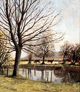 Gado à beira de um lago (óleo sobre tela) de Dora Carrington