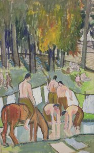 Soldados em um córrego, 1920 (wc no papel) de Dora Carrington